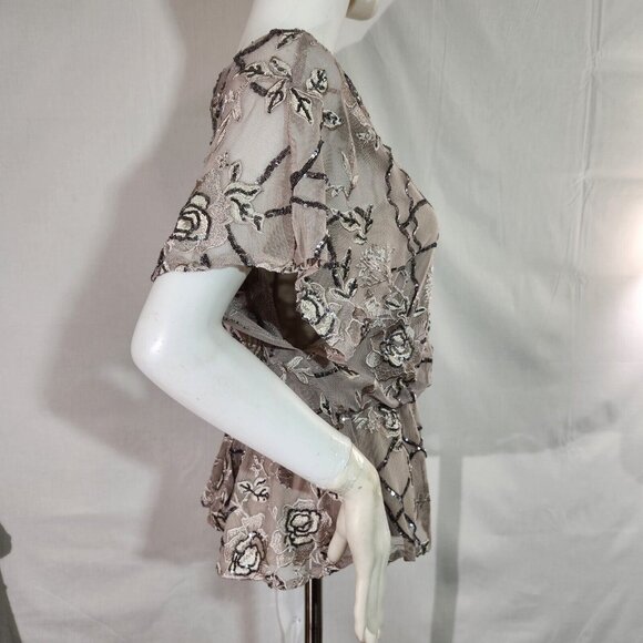 Alex Evenings Women's Sequined Embroidered Short Sleeve Taupe Blouse Size S (11) - Picture 2 of 11